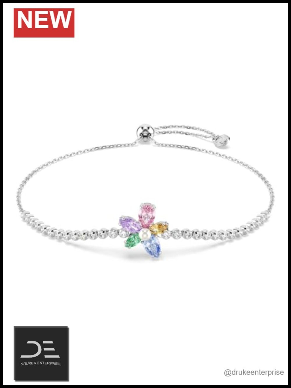 Swarovski Crystal Pearl Rhodium Bracelet Multicolor Zirconia Wildflower Sliding